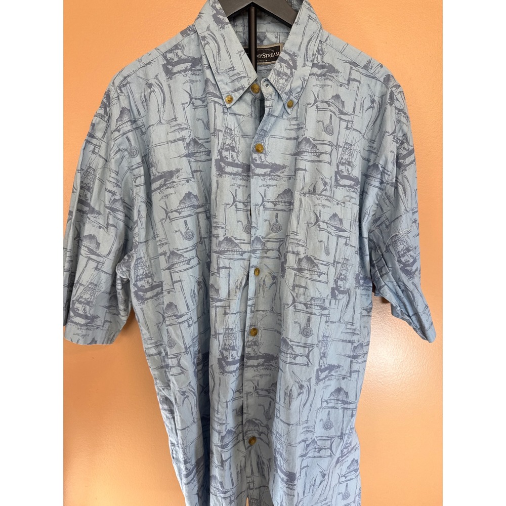 Field & Stream Mens XL Blue Fishing Marlin Sailboat Print Cotton SS Button Down